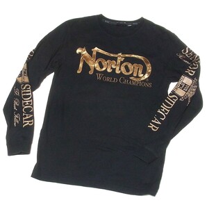 ノートン NORTON 大きいベロア混じりロゴ刺繍 長袖 Tシャツ L◎バック 背面 大きい刺繍 綿100 送料無料 黒 バイカー アメカジ