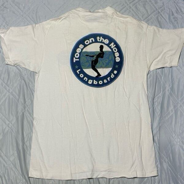 90's TOES ON THE NOSE Tシャツ L ホワイト 白 半袖 プリント 両面 丸首 サーフィン オールドサーフ ヴィンテージ 古着 メンズ