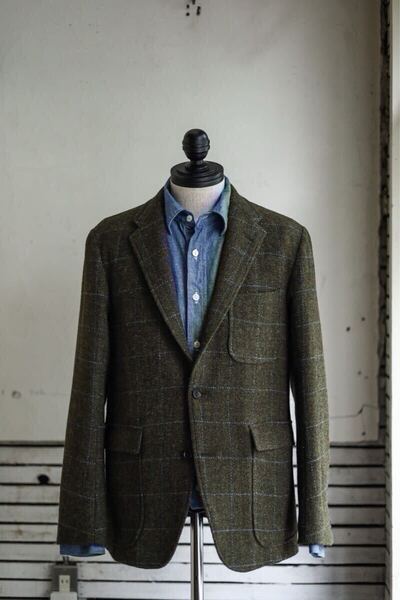 23AW KENNETH FIELD 50s UNCONⅡHARRIS TWEED オリーブ 40 ハリスツイード テーラードジャケット ウール ウィンドウペン スポーツコート