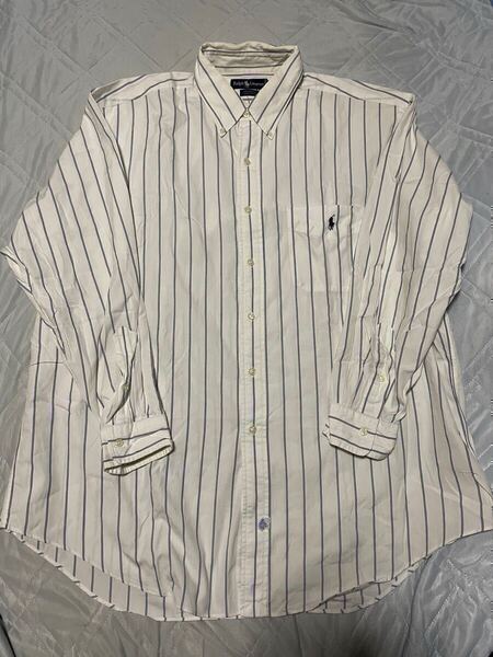 90's Ralph Lauren YARMOUTH シャツ ストライプ ホワイト ボタンダウン コットン 長袖 ポロラルフローレン 古着 ヴィンテージ メンズ