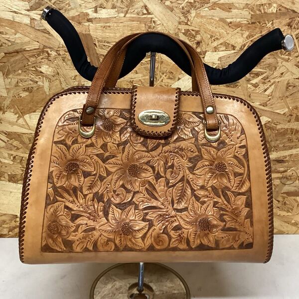 レディース 花柄 カービング ハンドバック レザーバッグ ブラウン オシャレ (J79)