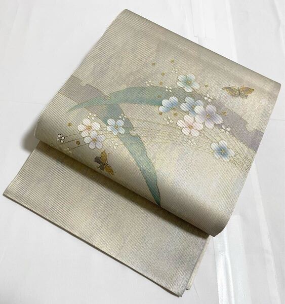 B 送料無料 夏物 花に蝶模様 金駒刺繍 絽 紗 太鼓柄 正絹 袋帯 フォーマル 仕立て上がり リサイクル