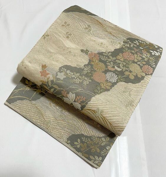 E5 送料無料 美品 夏物 波に季節の花々模様 金糸 絽 紗 正絹 六通 袋帯 フォーマル 仕立て上がり リサイクル