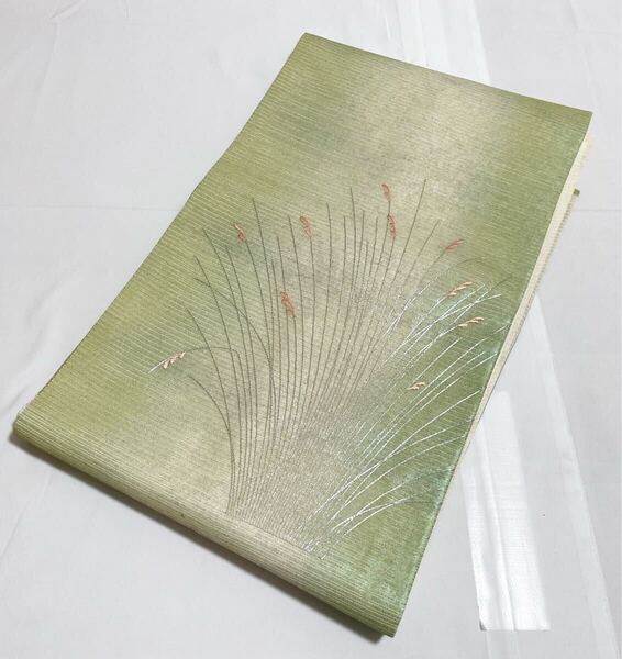 A5 送料無料 美品 夏物 ススキ模様 銀糸 銀通し 薄緑 正絹 太鼓柄 名古屋帯 仕立て上がり リサイクル