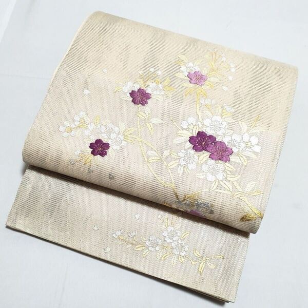 送料無料 かわいい花模様 金彩 紫 刺繍 太鼓 正絹 薄物 夏用 絽 紗 フォーマルな袋帯 仕立て上がり リサイクル