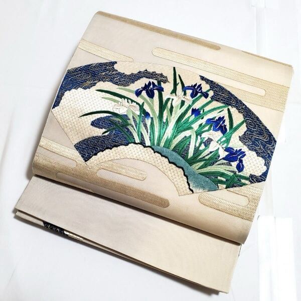 送料無料 B5 夏物 扇面に菖蒲模様 刺繍 金糸 太鼓 正絹 薄物 絽 紗 フォーマルな袋帯 仕立て上がり リサイクル