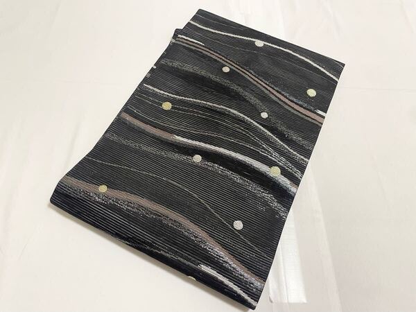D 送料無料 美品 夏物 水玉にライン模様 黒色 金銀糸 絽 紗 六通 正絹 名古屋帯 仕立て上がり リサイクル