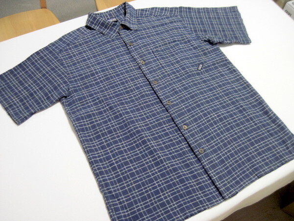S6《patagonia》ACヤーンダイコットン半袖シャツ【M】紺系チェック_パタゴニアPatalohaパタロハ同様のココナッツボタン_速乾涼快生地_古着