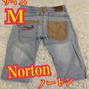Norton ノートン ハーフデニム 短パン ジーンズ バイカー 刺繍ロゴ ダメージ加工 M