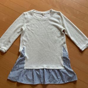 3can4on ワールド☆透け感ラメ入りニット×ストライプフレア裾 チュニック♪レディースM☆used