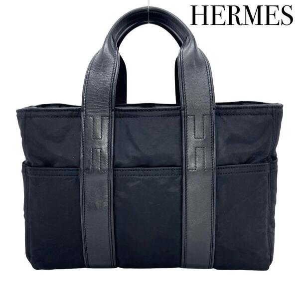 HERMES エルメス アカプルコ PM トート ハンドバッグ レザー×ナイロン ブラック シルバー レディース