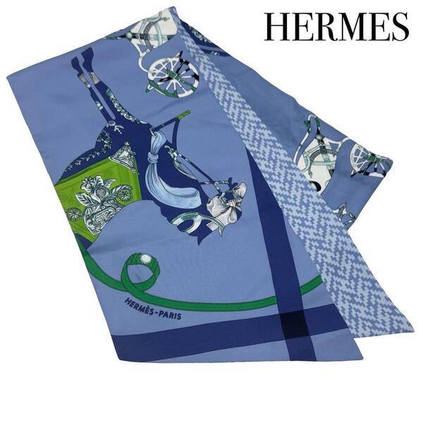 HERMES エルメス マキシツイリー スカーフ リボン チョーカー 馬柄 ライトブルー シルク100% フランス製 レディース