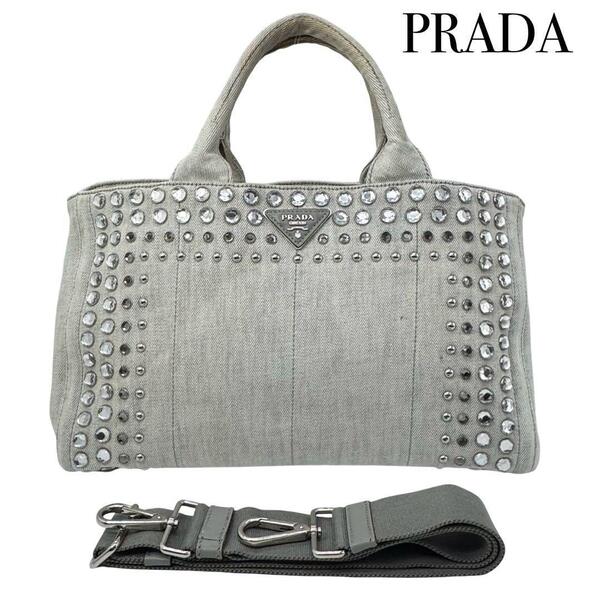 PRADA プラダ カナパ Mサイズ ラインストーン 2WAY トートバッグ ハンドバッグ ビジュー レディース