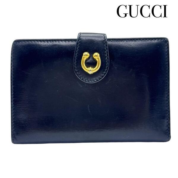 GUCCI グッチ 035 2149 1687 がま口 二つ折り 小銭入れ カード入れ 財布 レザー ヴィンテージ レディース ブラック レッド ゴールド