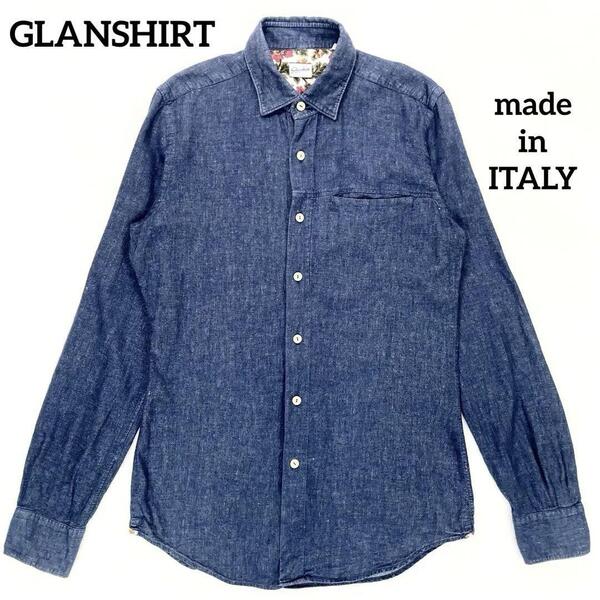 【美品】イタリア製 グランシャツ 麻×綿 長袖 デニムシャツ 39(M相当) インディゴブルー メンズ GLANSHIRT SLOWEAR ネイビー 薄手 春夏