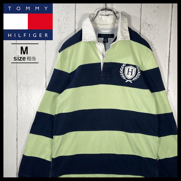 【USED】 トミーヒルフィガー TOMMY HILFIGER 長袖 ラガーシャツ ポロシャツ 刺繍ロゴ ボーダー柄 古着 Mサイズ相当 ☆送料無料☆