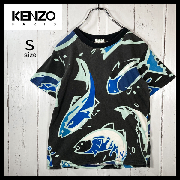 【USED】ケンゾー KENZO 魚柄 総柄 プリント リンガーネック Tシャツ 90s 古着 ( メンズ Sサイズ・レディース M~L 相当) ☆送料無料☆
