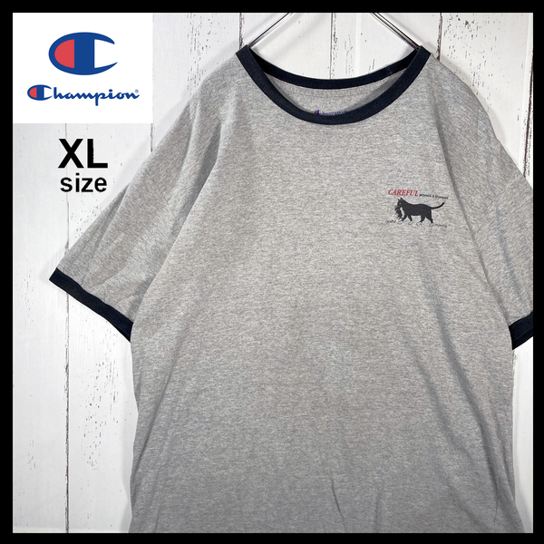 【USED】チャンピオン Champion リンガーネック Tシャツ 猫 デザイン 00s 古着 グレー ( XLサイズ ) ☆送料無料☆