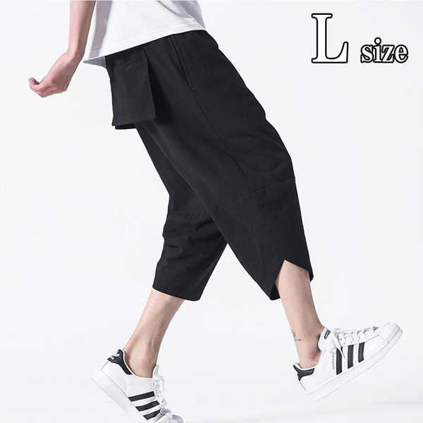 サルエルパンツ メンズ L 黒 ブラック レディース パンツ ワイド クロップドパンツ ハーフパンツ 7分丈 ストリート ダンス