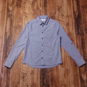 美品 スパイラルニュース Spiral News 長袖ロールアップスリーブシャツ メンズ シャンブレー ドット柄 カジュアル 1 Sサイズ ブルー LO46