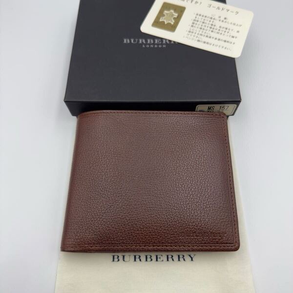 未使用品 バーバリー 二つ折り財布 ダークブラウン レザー チェック 小銭入れ付き メンズ レディース カードケース コインケース
