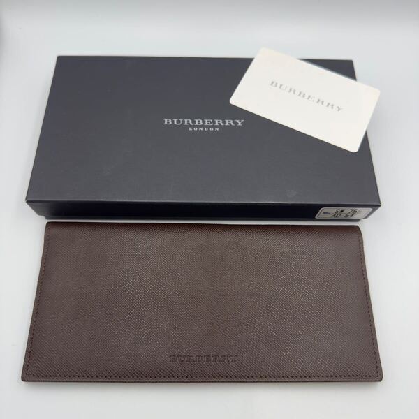 未使用品 バーバリー 長財布 ダークブラウン レザー 小銭入れ無し メンズ レディース 二つ折り財布 札入れ カードケース