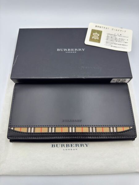未使用品 バーバリー 長財布 ブラック レザー チェック 小銭入れ付き メンズ レディース 二つ折り財布 カードケース コインケース