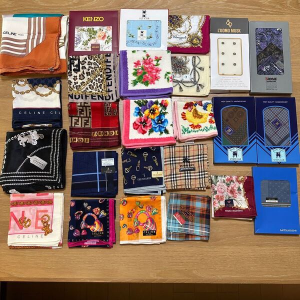未使用品、美品多数!送料無料!!スカーフ ブランドハンカチ タオルハンカチ CELINE COACH FENDI BURBERRY FEILER KENZO 25点 大量 セット