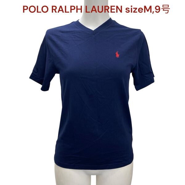 ポロ ラルフローレン Tシャツ カットソー 半袖 コットン レディース M、9号 POLO RALPH LAUREN トップス Vネック ネイビー 綿 M5S065