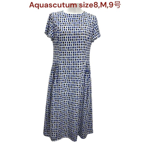 アクアスキュータム ワンピース ロング 半袖 総柄 レディース 8、M、9号 Aquascutum トップス フレア Aライン ゆったりめ M5S076