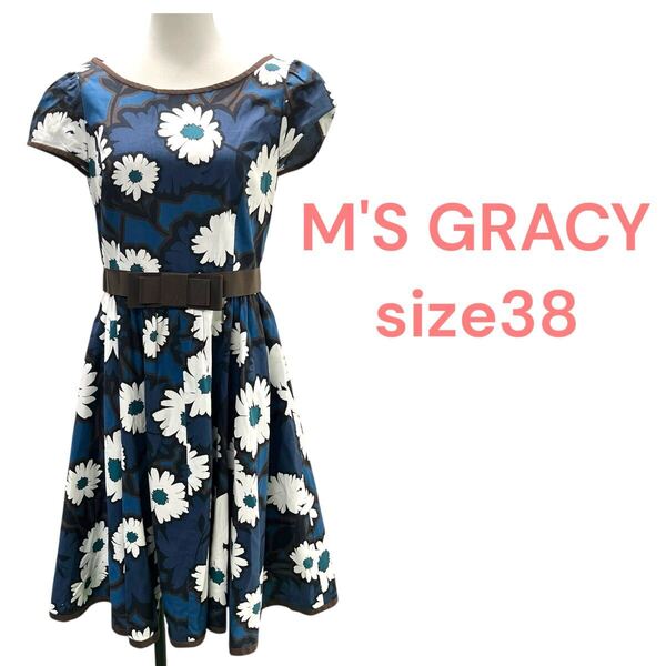 エムズグレイシーM'S GRACY 花柄 紺 ネイビー ノースリーブ レディース ワンピースsize38 M5S081