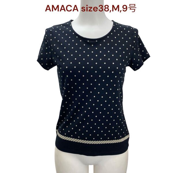 アマカ Tシャツ カットソー 半袖 コットン 黒 レディース 38、M、9号 AMACA トップス シャツ 水玉 ドット クルーネック 黒 綿 M5S098
