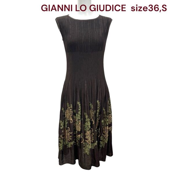 美品 ジャンニロジュディチェ 花柄 プリーツ ワンピース 36、S、7号 GIANNI LO GIUDICE レディース OM5S200 焦茶 ブラウン