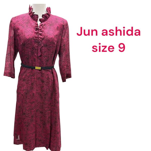 ジュンアシダJun Ashida 紫 パープル 黒 ブラック フロントオープン ベルト付 レディース シルク混ワンピース size9 M5S441