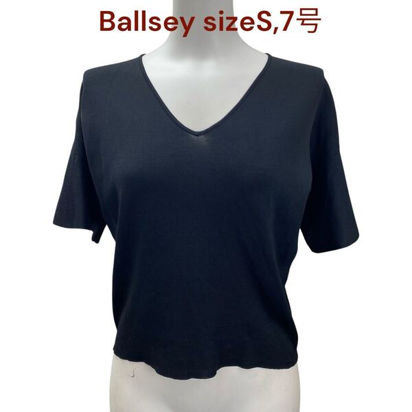 ボールジィ カットソー ニット 半袖 Vネック ブラック レディース S、7号 Ballsey トップス シャツ フレアスリーブ サマーニット 黒 M5S454