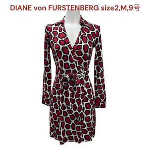 ダイアン フォン ファステンバーグ 長袖 膝丈 シルク 2、M、9号 DIANE von FURSTENBERG ワンピース 総柄 レッド ラップドレス M5S483