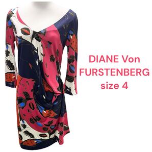 ダイアンフォンファステンバーグDIANE Von FURSTENBERG 赤 紺 リーフ 葉 レディース ワンピース size4 M5S494