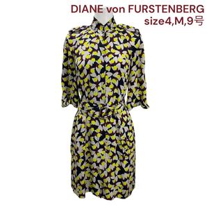 ダイアン フォン ファステンバーグ ワンピ 膝丈 七分袖 シルク 4、M、9号 DIANE von FURSTENBERG ワンピース シャツ 花柄 総柄 OM5S266