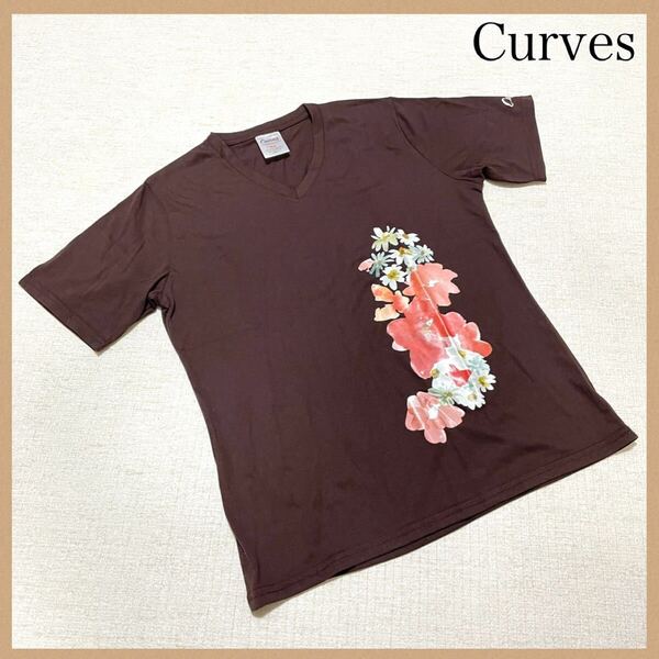Curves カーブス 半袖シャツ SA ハワイアンシャツ トップス ブラウン 半袖Tシャツ Vネック