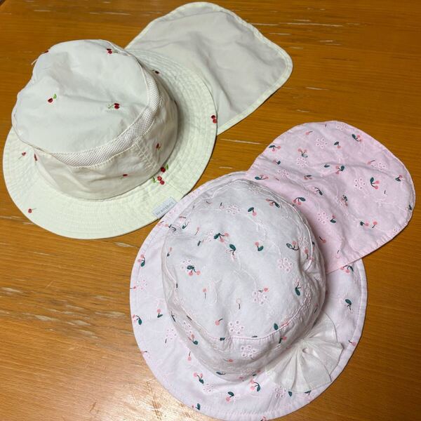帽子 日除け付き 48cm 52cm 2点セット 子供 女の子 あご紐付き バケットハット 夏 さくらんぼ 刺繍 ブランシェス キッズズー メッシュ