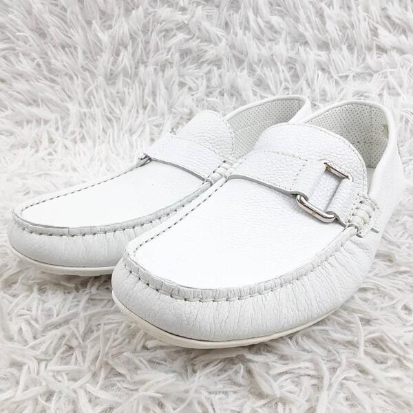 未使用品 26.5㎝◎a.testoni ドライビングシューズ 白 イタリア製
