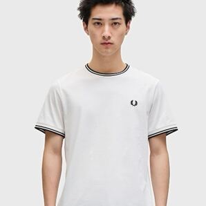フレッドペリー Twin Tipped Tシャツ M 白×黒 ティップライン 刺繍ロゴFred Perry Twin Tipped T-Shirt White×Black Logo 半袖