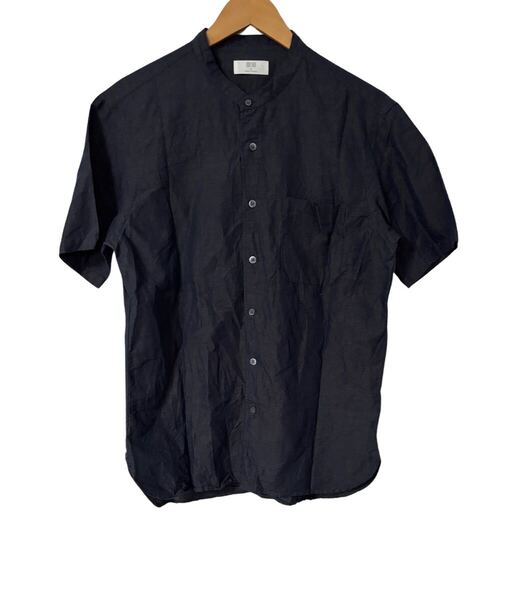 ユニクロ バンドカラー リネンコットンシャツ M ネイビー 半袖 UNIQLO Band Collar Linen Cotton Shirt M Navy Short Sleeve