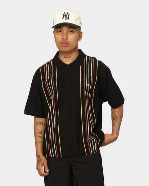 OBEY 22SS マルチストライプ ポロシャツ Mサイズ 刺繍ロゴ フェアトレード 黒 multi stripe polo shirt 半袖ポロシャツ