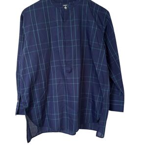 ZUCCa スタンドカラー チェックシャツ M ネイビー系 7分袖 ポリ100% ZUCCa Check Stand Collar Shirt M Navy 3/4 Sleeve Poly 100%