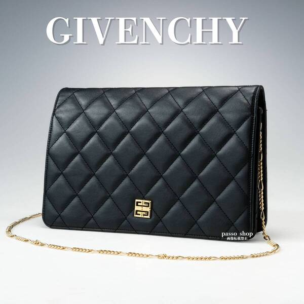 極美品 GIVENCHY ジバンシィ ジバンシー キルティング チェーン ショルダーバッグ 4Gロゴ ブラック カーフレザー ゴールド金具 レディース