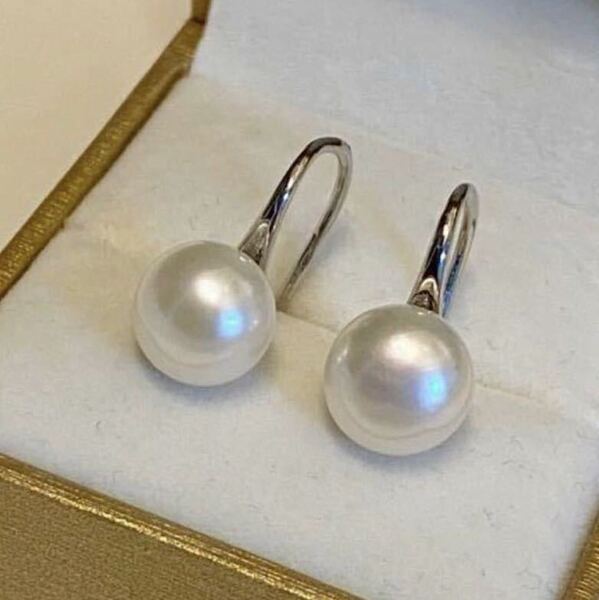 照り良く大粒 天然真珠ピアス ホワイト k18GP ゴールド 9.5-9mm