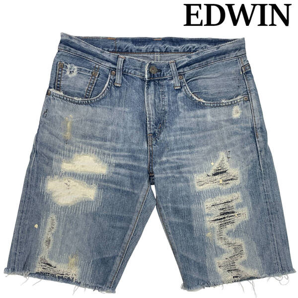 EDWIN エドウィン 503RVS ハーフパンツ W33 (約82cm) ダメージ加工 リペア加工 ペイント加工 カットオフ デニムパンツ ジーンズ メンズ