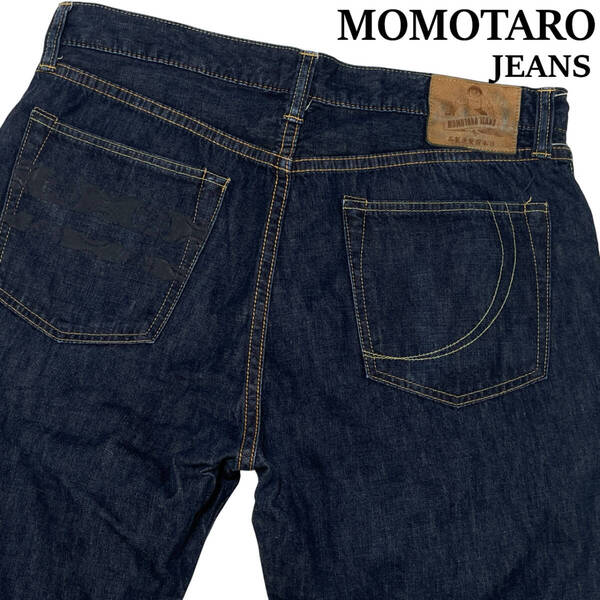 桃太郎ジーンズ 銅丹 特濃 10oz デニムパンツ W34 (約86cm) 家紋 出陣ペイント 濃紺 セルビッチ MOMOTARO JEANS テーパード ジーンズ