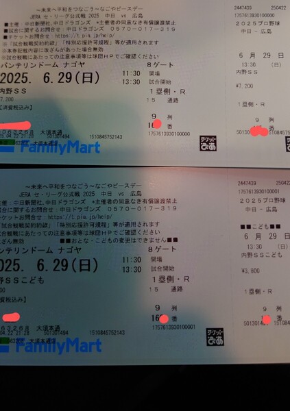バンテリンドーム 2025年6月29日(日) 中日ドラゴンズvs広島カープ戦 内野SS席 大人1枚子供1枚 定価以下